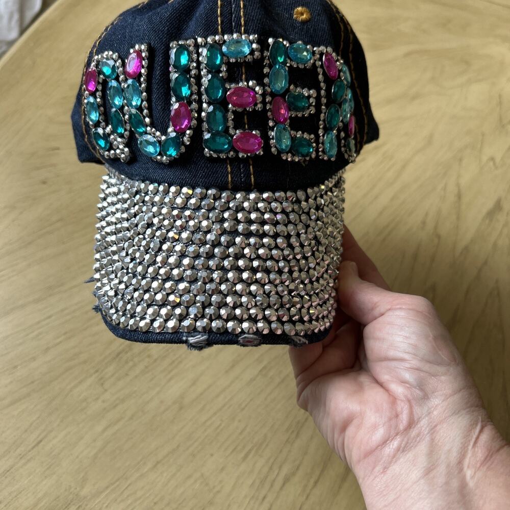 Rhinestone Baseball Hat Blue Denim with Studs Distressed Bling Cap “Queen” Y2K
